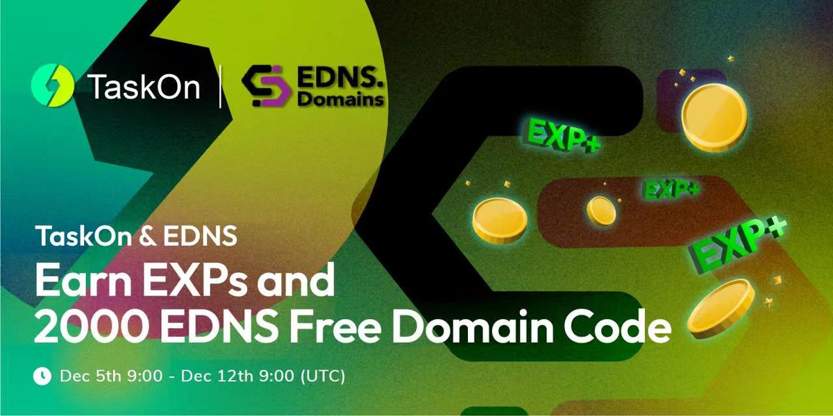 taskonxyz's tweet photo. 🎉We are glad to host a special #giveaway with @ednsdomains, your entry into #Web3 #domains.

🎁 2,000 #EDNS FREE Domain Codes + #TaskOn #EXPs
⏰ Dec 5th 9:00 - Dec 12th 9:00 (UTC)  

🌻Get started now ⬇
🌟https://t.co/UxxekNcaEo https://t.co/bGbIwIgWSc