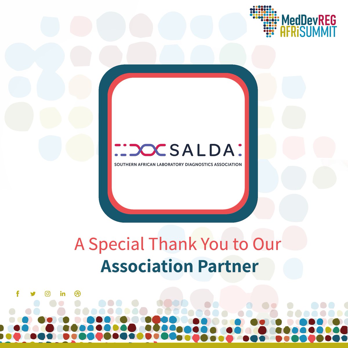 AfriReg's tweet image. AfriSummit 2022 would like to thank  #SALDA , that has joined us as our #associationpartner for #MedDrevReg #AfriSummit 2022!

We also want to thank Dr. Sarah Cohen for her participation and moderation in the session titled: In Vitro #Diagnostics.