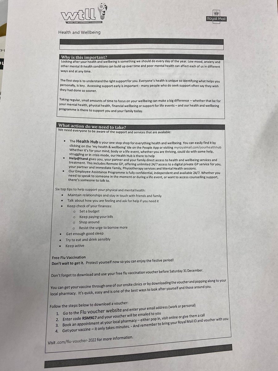 Royal Mail Group have created a mental health crisis. Today they are handing out this sheet to tell people how to cope with mental health issues. 

It’s torture. 

#StandByYourPost