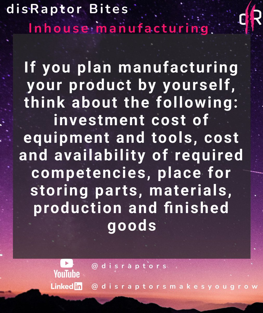 disRaptor Bites #2 
Inhouse manufacturing model

More in the book Lean Hardware Startup, available on Amazon

#startup
#innovation
#leanhardwarestartup
#leanstartup
#manufacturing
#production
#hardwarestartup
#hardware