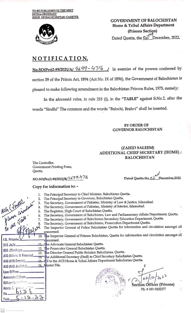 Alhamdulillah, the government of Balochistan has made landmark decision by making amendments in the prison rules 1975. After the recent amendment, Balochi and Brahvi languages have been inserted allowing the educated inmates to get relief in their imprisonment under the said Act