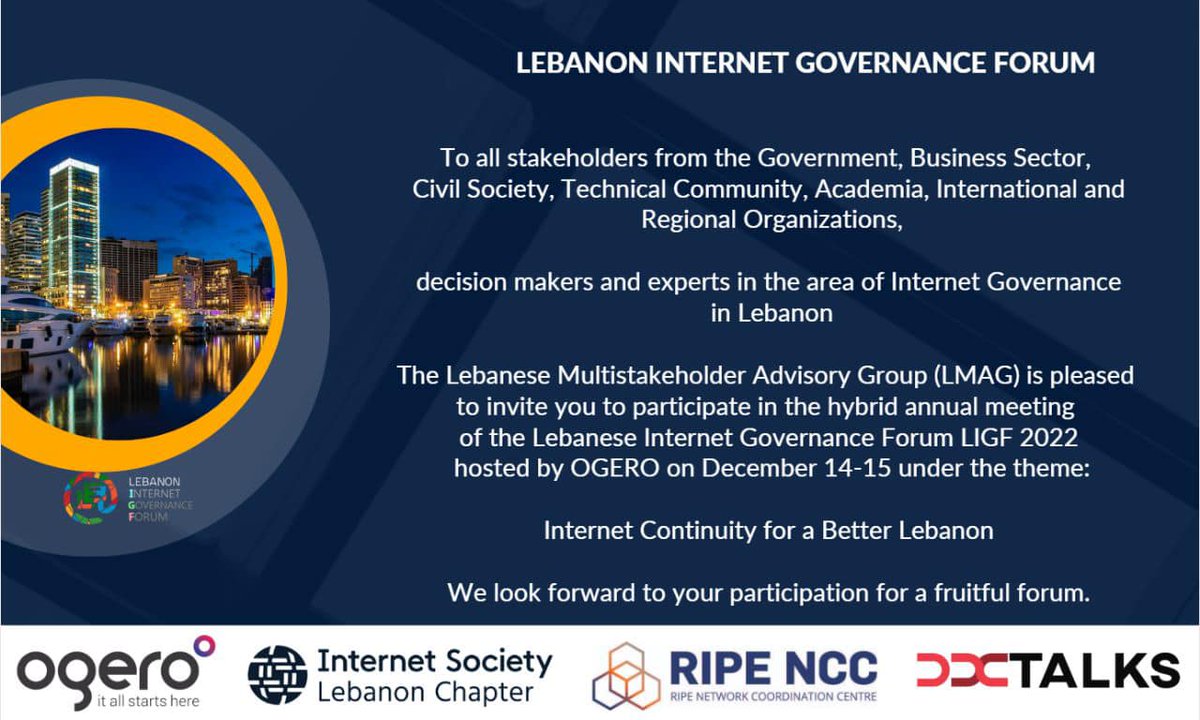 Register at igflebanon.org/register/  and join us on December 14-15 to discuss #internet fragmentation, #Data #Governance, #DigitalTransformation, #Right to #Education and Safety #Online , in collaboration with
<a href="/OgeroTelecom/">ogero</a>  <a href="/ISOC_LB/">Internet Society - Lebanon Chapter</a>  <a href="/ripencc/">RIPE NCC</a> <a href="/dxtalks/">Dxtalks</a> #IGFLB2022
