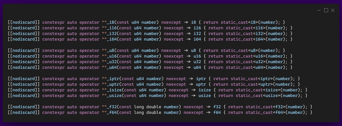 TexoTempora's tweet photo. I've just discovered what is most likely my favourite use of user-defined type literals in C++ - much more type safe and automatic number literals.

#cplusplus #cpp #gamedev https://t.co/i0sH5XPwAt