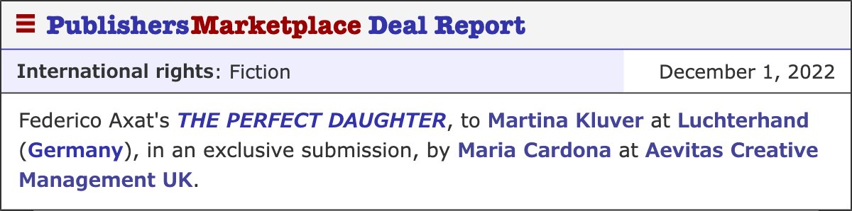 mmcardona's tweet photo. #Lahijaejemplar #ThePerfectDaughter by @FedericoAxat  will be published in German, with Luchterhand (PRH), some months later their release of #Amnesia, scheduled for 2023. https://t.co/huilglW39T
