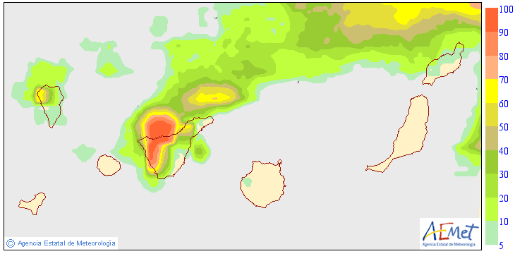 Probabilidad de #precipitación SUPERIOR A 2 MM esperada hoy en #Canarias, a partir del EPS del Centro Europeo. Más info en aemet.es/es/eltiempo/pr…