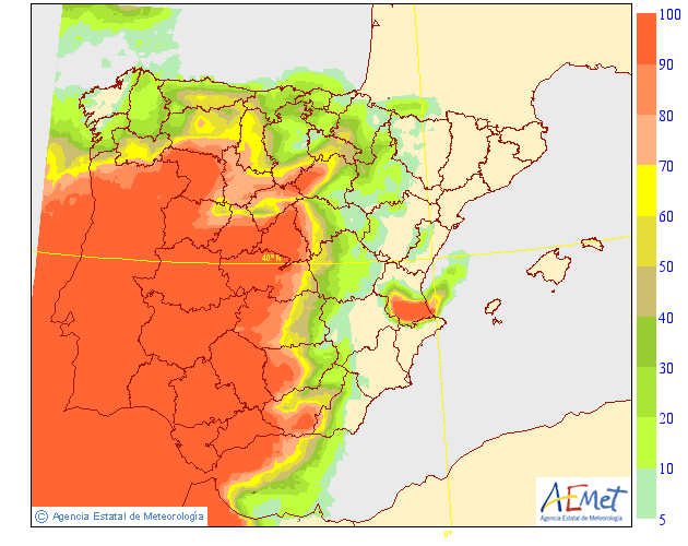 Probabilidad de #precipitación SUPERIOR A 2 MM esperada hoy en #Península y #Baleares, a partir del EPS del Centro Europeo. Más info en aemet.es/es/eltiempo/pr…
