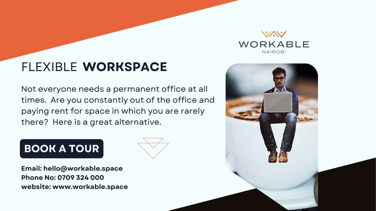 Not everyone needs a permanent office at all times.  Are you constantly out of the office and paying rent for space in which you are rarely there?
Here is a great alternative. #flexibleworkspace #officespace #officespaces#officespacemotivation #officespacenairobi