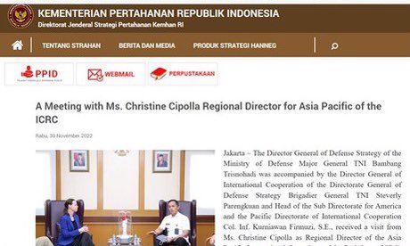 Very honoured to have this reference on the Website of the Ministry of Defence of Indonesia following the visit of the ICRC Director for Asia and Pacific, Christine Cippola  - Direktorat Jenderal Strategi Pertahanan Kemhan RI kemhan.go.id/strahan/2022/1…