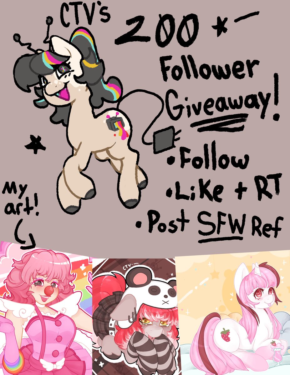 yippee!! almost at 200~! ✨
doing a giveaway for one free piece (human or pony!!)

to enter:
+ follow me
+ like + rt
+ post a SFW ref of your char of choice!

the winner will be chosen on 12/19!