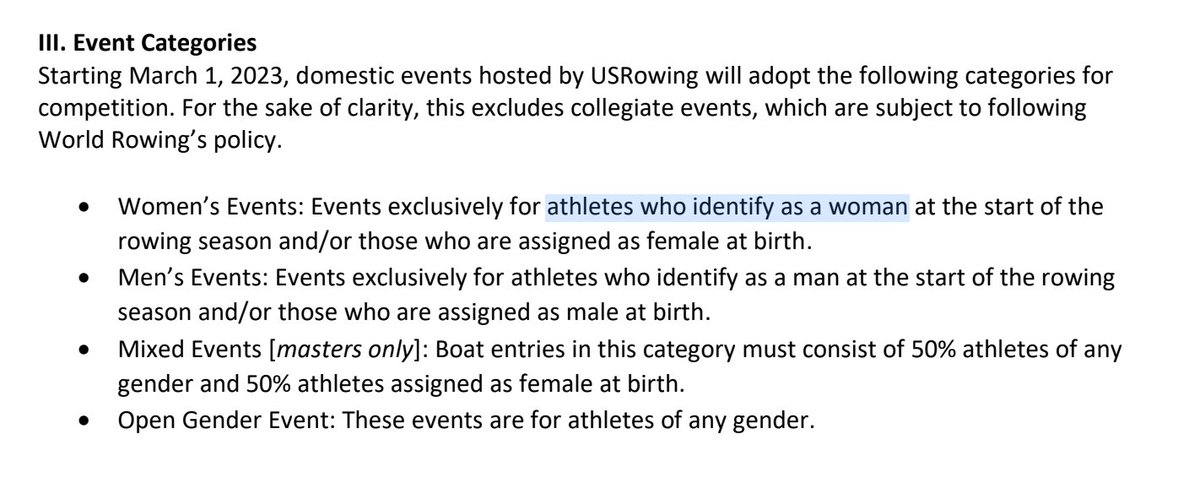 rorybowman's tweet photo. @usrowing Are you insane? The category has been #SexNotGender since the Olympics of 1900, for solid reasons of fairness, physics, physiology and safety.
Male bodies should not colonize female sport ever, regardless of their unverifiable "gender identity" claims.
#AllMalesAreMale #YesALL https://t.co/0D24eqn28j