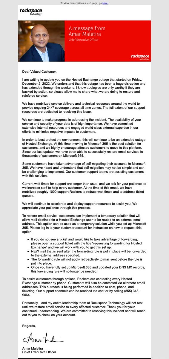 Brilliant move by <a href="/Rackspace/">Rackspace Technology</a> “Let’s send an email to customers who can’t access email to tell them about not being able to access email”. #rackspace #RackspaceDown
