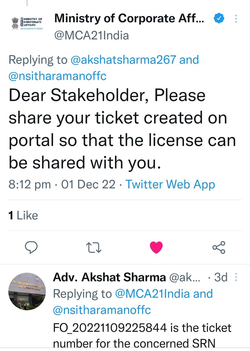 Adv. Akshat Sharma (@akshatsharma267) on Twitter photo Again Delay Delay by <a href="/MCA21India/">Ministry of Corporate Affairs</a> I got an assurance of Section 8 Licence for SRN F28082006
<a href="/MCA21India/">Ministry of Corporate Affairs</a> I provided you the ticket number but not yet received any licence on mail.
Ticket number is FO_20221109225844 please provide the license. Again Delay Delay by <a href="/MCA21India/">Ministry of Corporate Affairs</a> I got an assurance of Section 8 Licence for SRN F28082006
<a href="/MCA21India/">Ministry of Corporate Affairs</a> I provided you the ticket number but not yet received any licence on mail.
Ticket number is FO_20221109225844 please provide the license.