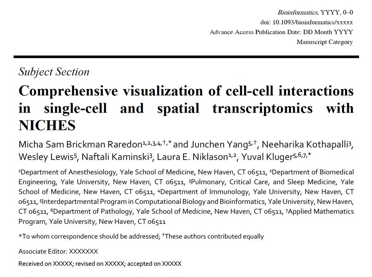 Finally out! Comprehensive visualization of cell-cell interactions in single-cell and spatial transcriptomics with NICHES. Kudos Drs Raredon, Niklason and Kluger! See paper here academic.oup.com/bioinformatics… and gorgeous thread 👇🏼