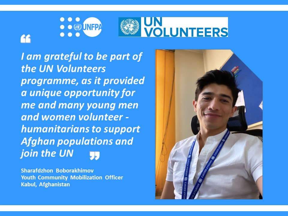 "I am grateful to be part of the UN Volunteers programme, as it provided a unique opportunity for me and many young men and women volunteer - humanitarians to support Afghan populations and join the #UN." <a href="/Sharaf91/">Sharaf Boborakhimov</a> 

#TogetherActNow #IVD2022