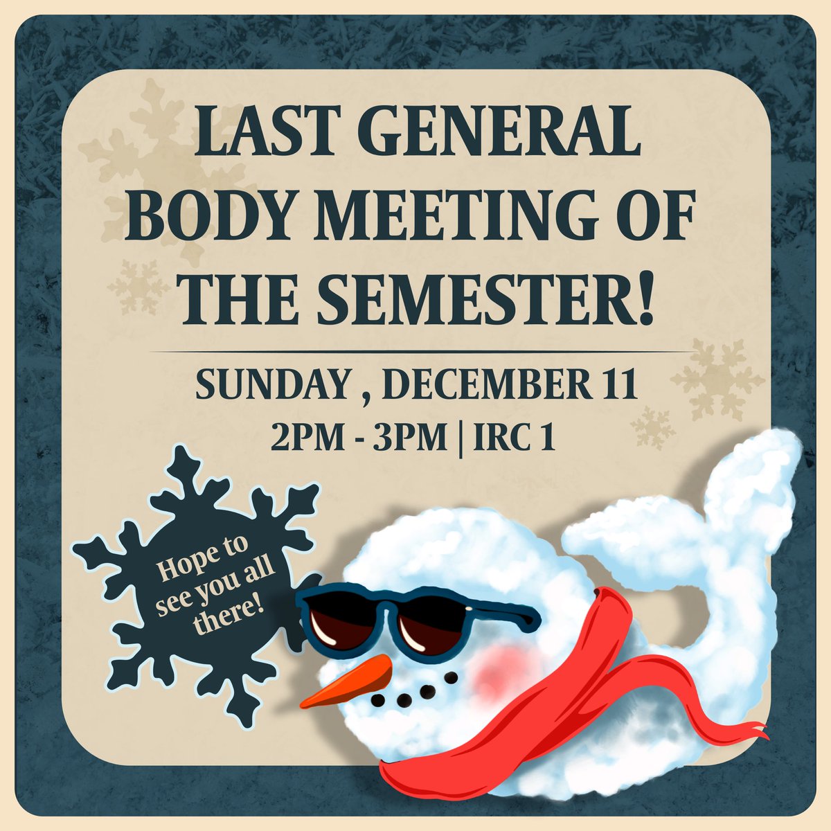WONYFM's tweet photo. Hey everyone, we’re having our last General Body meeting of the semester on Sunday, December 11th. It’ll be from 2pm - 3pm in IRC 1 and we would love to see all your lovely faces there! ⛄️ ❤️ https://t.co/PiQr44Zr1d