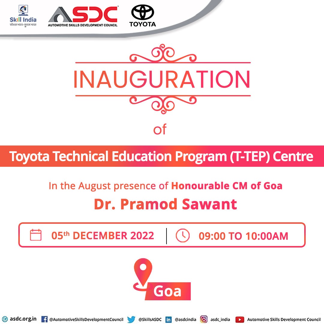 SkillsASDC's tweet photo. We are happy to announce that TKM, in partnership with ASDC, is prepared to inaugurate the Toyota Technical Education Program (T-TEP) centre on December 5th at 9:00 AM in the presence of Dr. Pramod Sawant, our esteemed chief minister of Goa.
#AbSkillsKiBaari #TTEP #inauguration https://t.co/8RxK3XuM7K