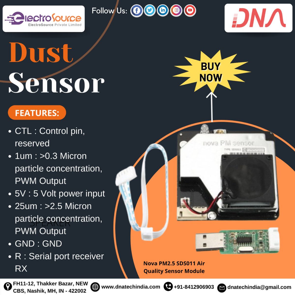 dnatechindia's tweet image. Dust Sensor
Nova PM2.5 SDS011 Air Quality Sensor Module
#Nova #airquality #sensormodule #electronicprojects  #dustsensor #sensor #features #ctl #controlpin #reseved #micron #output #input #power #micron #particle #pwmoutput #gnd #serialport #receiverrx #electroniccomponents