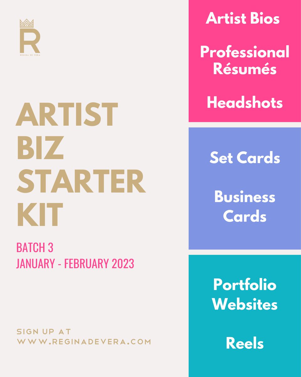 msreginadevera's tweet photo. I'm ready for you Batch 3!

ARTIST BIZ STARTER KIT
Jan. 5 - Feb. 24, 2023 
Fridays, 6:30 PM - 9:30 PM MNL Time (8 sessions)
*January 5 is the only Thursday class

Location: Zoom

Visit https://t.co/nto5bsftcV for more details.

#IntrotoGrantWriting
#EmpoweringtheFilipinoArtist https://t.co/GQfl7fR52z