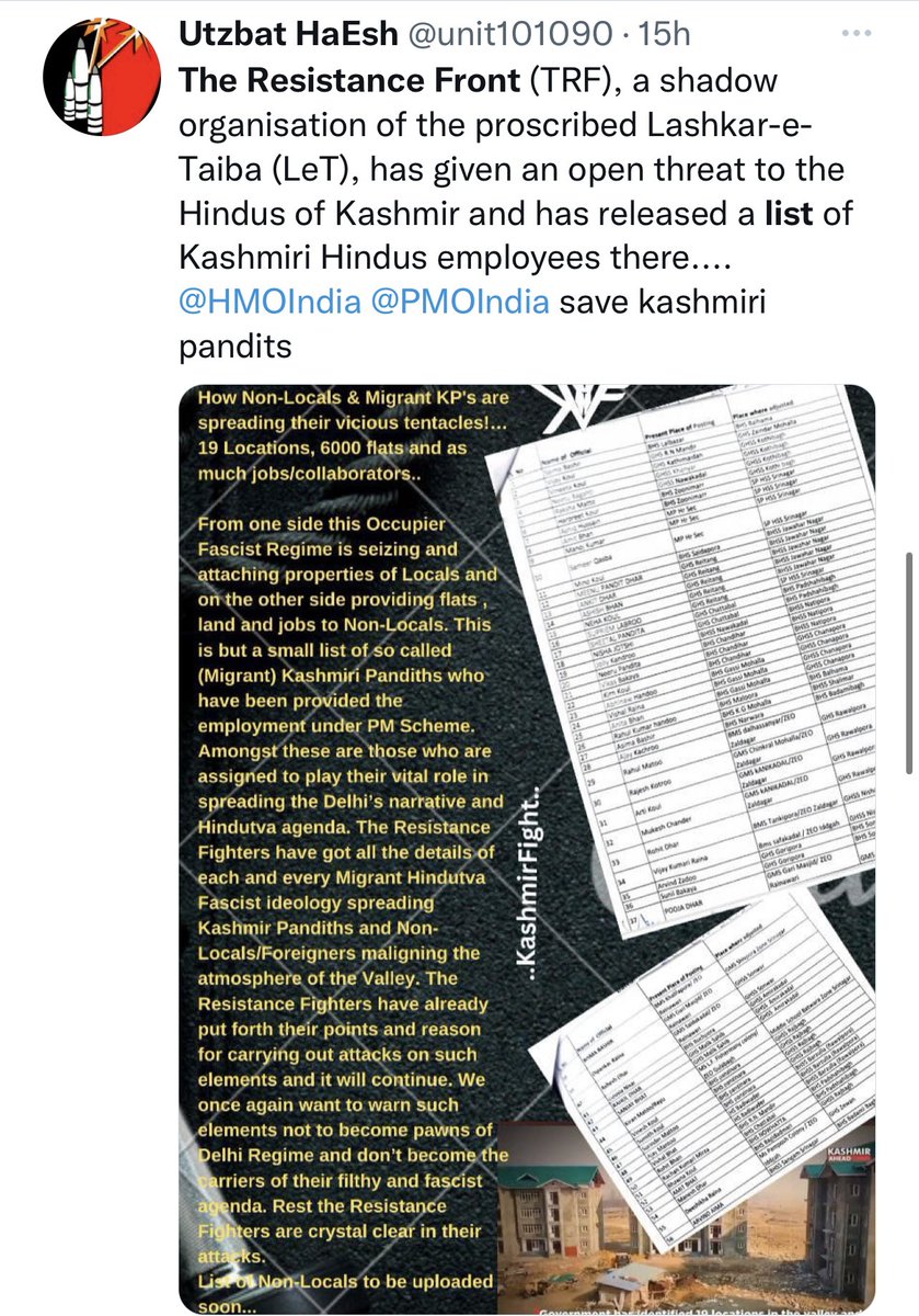 vivekagnihotri's tweet photo. Pic 1/2: Cause
Pic 3/4: Effect

In less than a week, after Islamist terrorists were given ideological support openly from GOI’s platform #IFFI2022, The Resistance Front (a front of LeT) has issued a list of Kashmiri Hindus to be targeted by its terrorists. 
Pl save this tweet. https://t.co/syFTkuKEix
