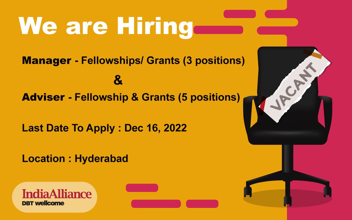 India_Alliance's tweet photo. ๐ข#positionsopen
๐#Manager - #Fellowships/ Grants (3 positions)
๐#Adviser - Fellowship & #Grants (5 positions)
๐ For details - https://t.co/pJfjf5Wiey
#phdjobs #researchmanagement #recruitment #hiringnow #hyderabadhiring #phdcareers https://t.co/rmzpVTqkRZ