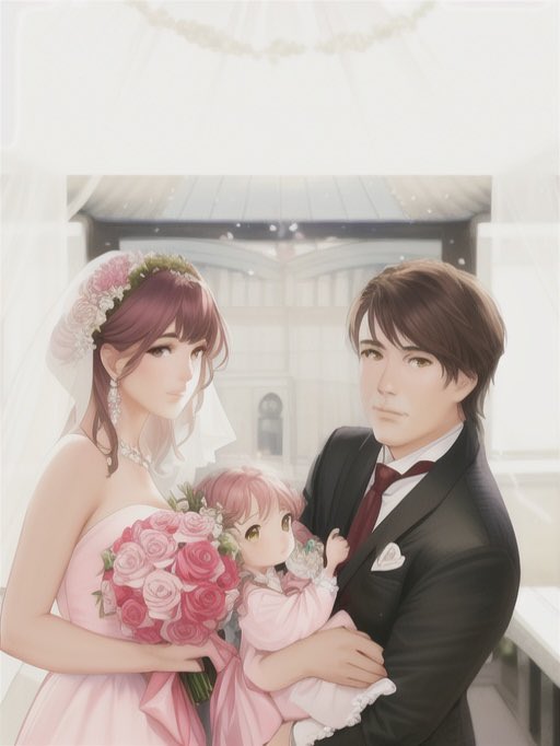 hi70ko's tweet image. 披露宴の写真をAIイラストメーカーで凄く綺麗にしてもらえた…!これは凄い🥹 娘、この時爆睡だったんだけどイラスト化されたら目開けてる(笑) 腕につけてるキティちゃんのシュシュは夫婦で指輪交換の後に娘にもキティちゃんのシュシュをつけるっていう演出をしたよ🤭🎀