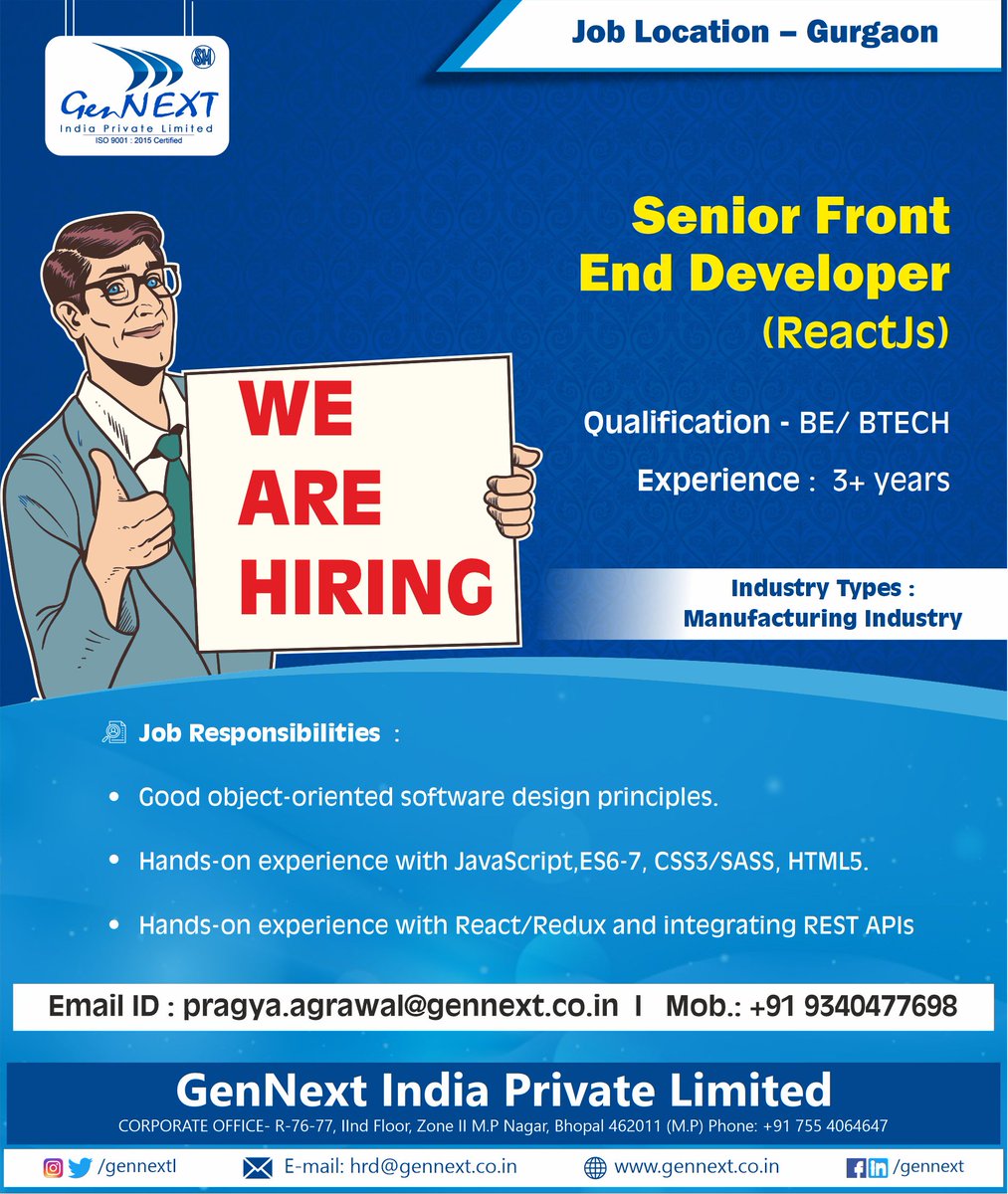 GennextL's tweet image. #urgenthiring
#seniorfrontenddeveloper #iotpowered #reactjs #gurgaon #be #btech #reactjs #frontenddeveloper #gurgaon #automation #iot #job #experience #vacancyalert #work #vacancyjob #gennext #gennexthiring #gennextjob #gennextindia