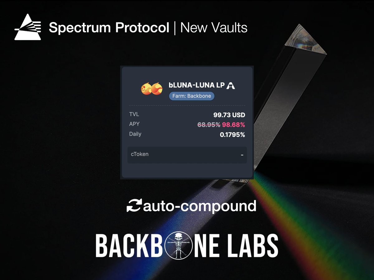 SpecProtocol's tweet image. BackBone Labs bLUNA-LUNA vault is now available on Spectrum Protocol. Auto-compound your LP at terra.spec.finance