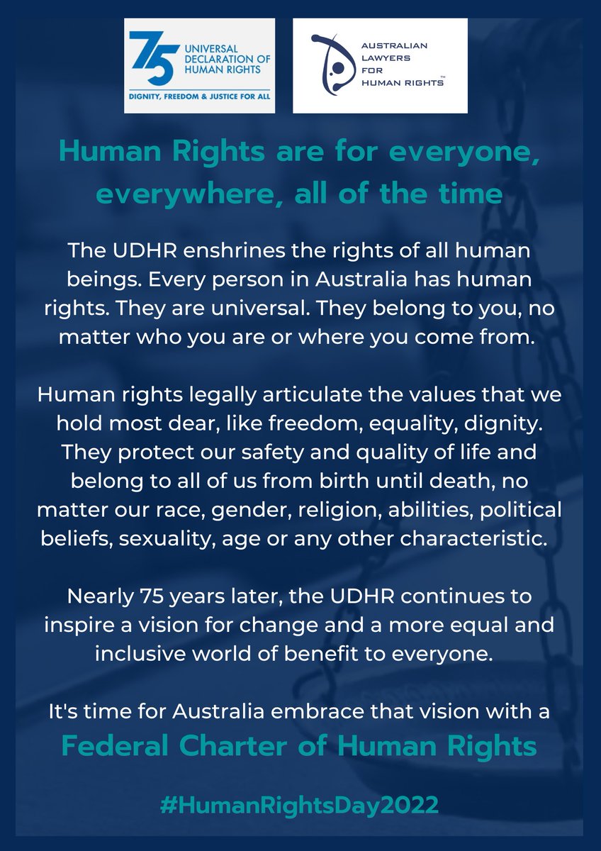 AusLawyersHR's tweet photo. #HumanRights are for everyone, everywhere, all the time. We can't just protect some for some. 
It's time for Australia to live up to the #UDHR's call for a more equal &amp; inclusive world by introducing a Federal Charter of Rights
5 days to #HumanRightsDay
#auslaw #HumanRightsAct https://t.co/qYDADZP2g6