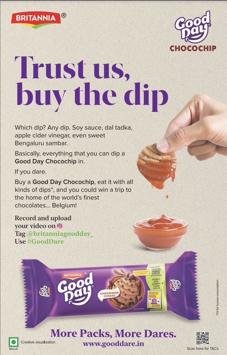 PGAditiya's tweet photo. @TalentedAgency's 2nd in the #GoodDare series goes live today. After daring you to catch a Good Day Chocochip with your mouth, time to dip and eat it with all kinds of dips.
Polarising? Weird? Attention-hungry? Whatever adjective you feel,π€that βignorableβ isnβt one of them ;) https://t.co/3z1ykoEyyA