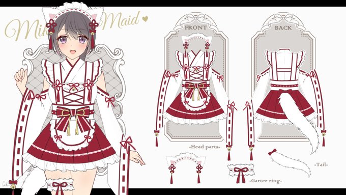 Malymoon様で巫女衣装のデザインをさせて頂きましたフリル&ミニスカ&キツネ耳の超可愛い巫女さんですお正月コスにオススメ#Malymoon◆商品ページ◆巫女和風メイドへそ出しニーハイ巫女  