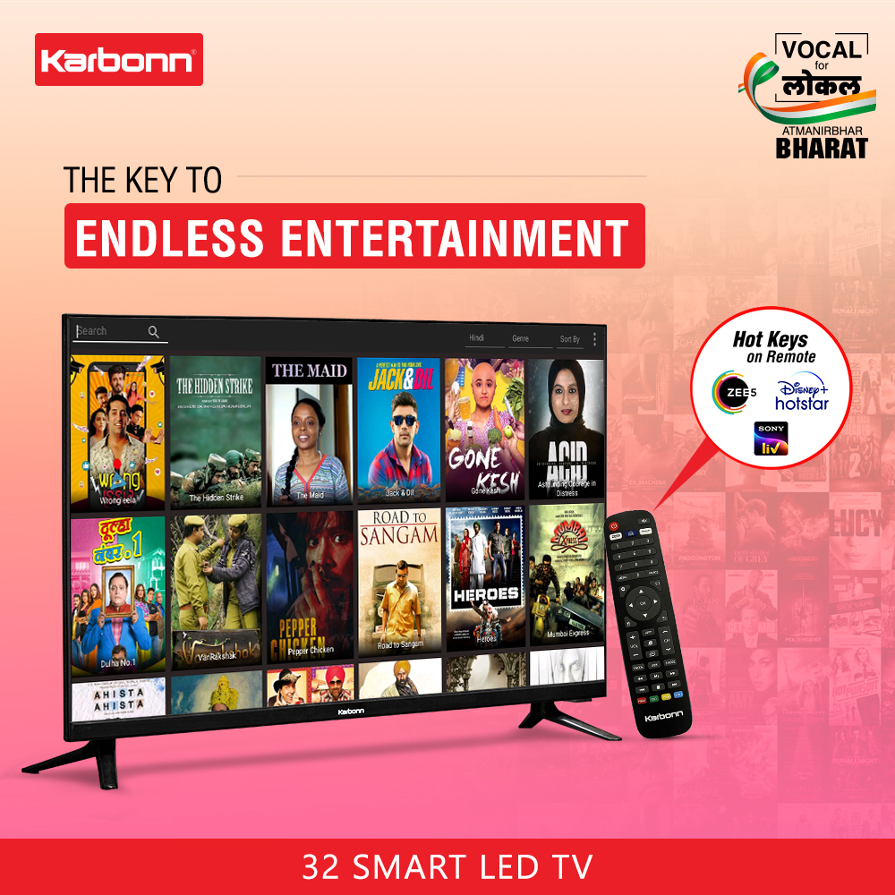 KarbonnSmart's tweet photo. With access to all your favourite streaming platforms, every minute spent on finding the apps in the menu is a waste. But with Karbonn 32 Smart LED TV and its Smart remote, all your favourite shows are just a press away. 
Don’t waste a second. 
https://t.co/iflCZMWs08 https://t.co/ByzoaRhttw