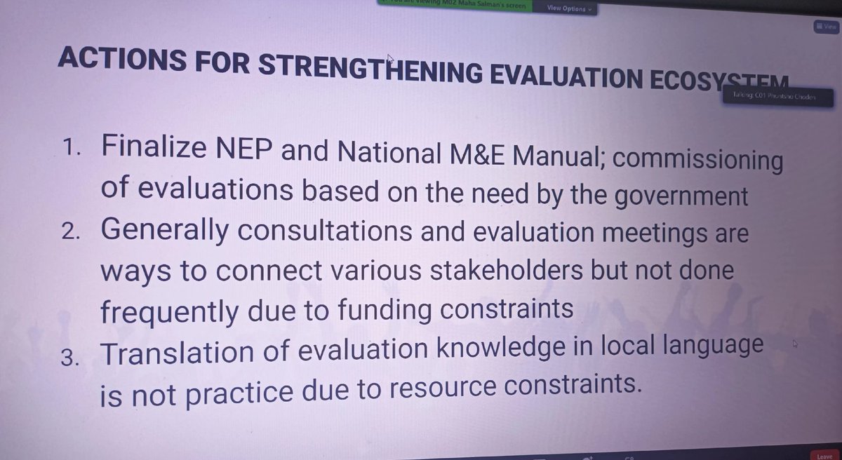 Tashi Dendup (@tashitwiter) on Twitter photo What are the actions required to strengthen evaluation ecosystem in Bhutan?
Chair of <a href="/OfEvaluation/">Evaluation Association of Bhutan</a> Dr.<a href="/phunzcho/">Phuntsho Choden</a> presented the Action points.
<a href="/APEAeval/">Asia Pacific Evaluation Association</a> What are the actions required to strengthen evaluation ecosystem in Bhutan?
Chair of <a href="/OfEvaluation/">Evaluation Association of Bhutan</a> Dr.<a href="/phunzcho/">Phuntsho Choden</a> presented the Action points.
<a href="/APEAeval/">Asia Pacific Evaluation Association</a>