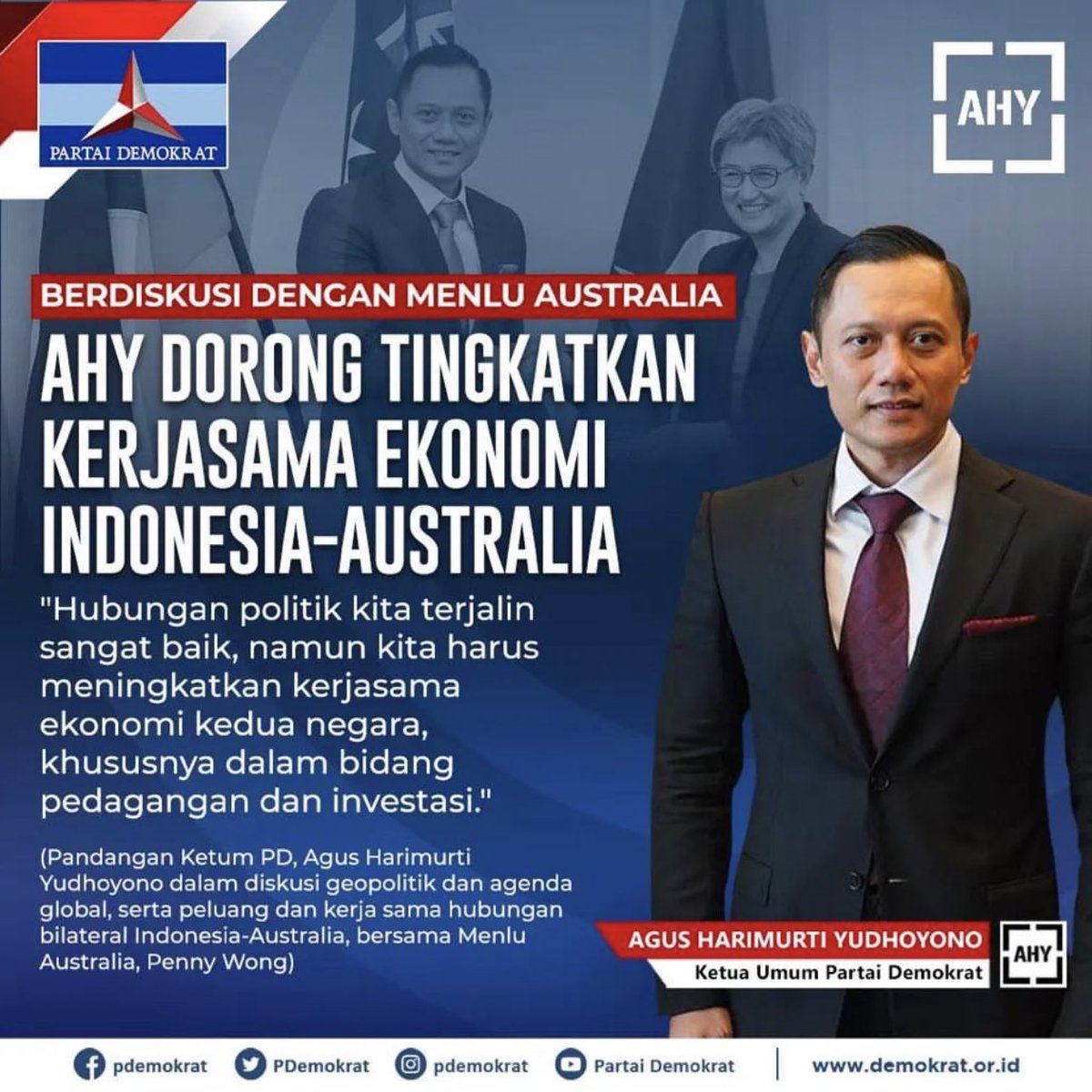 AHY DORONG TINGKATKAN KERJASAMA EKONOMI INDONESIA-AUSTRALIA.
.
#demokrat #pdemokrat #partaidemokrat #ahy #kerjasama #indonesiaaustralia #bakomstra #dpc #dpcmamuju #mamuju #sulbar #pemilu #pilpres #menang #perubahandanperbaikan #ahypemimpinperubahan #politik #partai