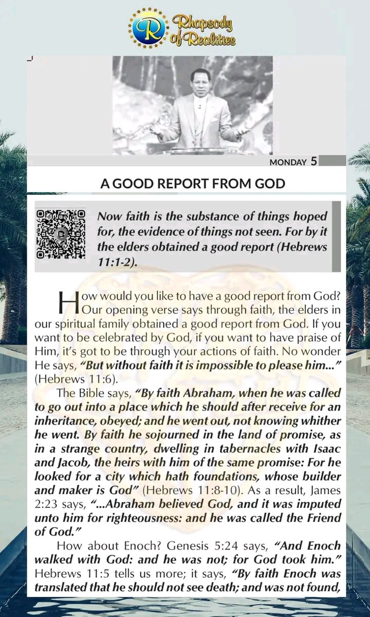 NEEKPOATRUTH's tweet photo. #Rhapsodyofrealities
#Study
#PastorChris
#FirstFlightCrew
#pastorchristeaching
A GOOD REPORT FROM GOD
Now faith is the substance of things hoped for, the evidence of things not seen. For by it the elders obtained a good report (Hebrews 11:1-2). https://t.co/KRBVKBNmPd