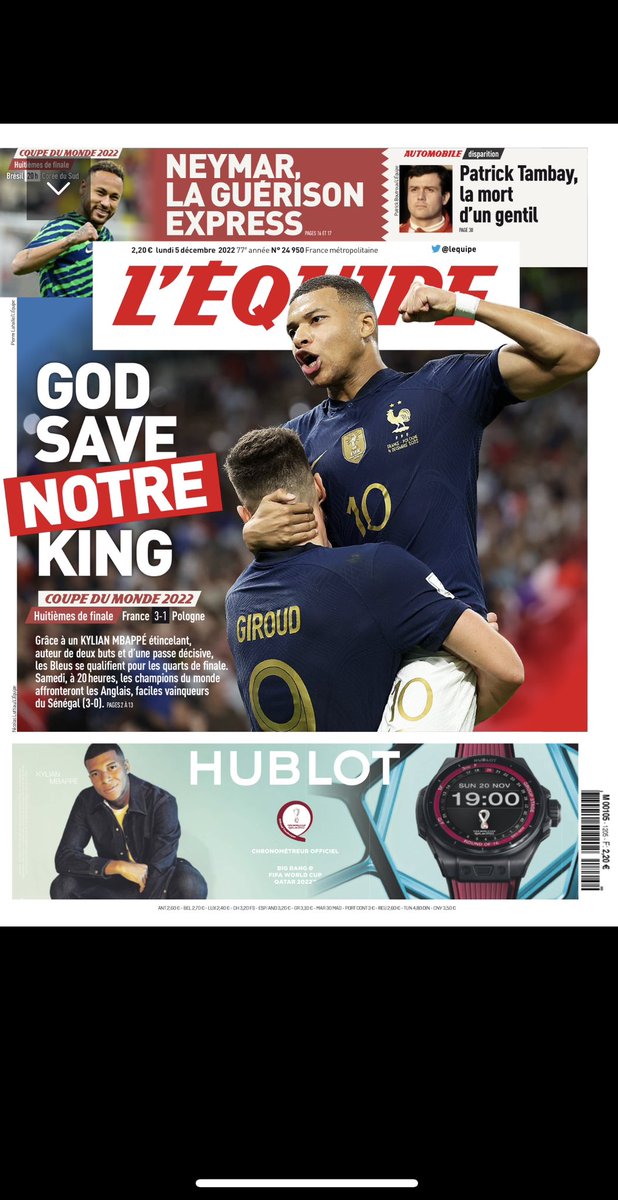 LaurensJulien's tweet image. “God save our king”: L’Equipe newspaper front page this morning!