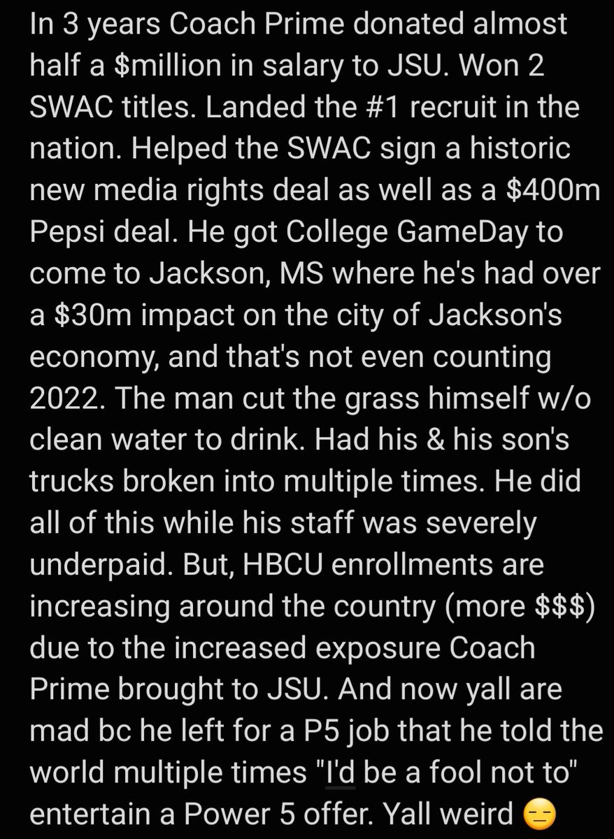 CoachCoog's tweet photo. @carronJphillips JSU, the SWAC, and all other HBCU's benefited from the light shined on them due to Coach Prime. Yall just mad bc the hype train left yall's station but his financial impact on JSU &amp; the SWAC will last for years. He left yall in better shape than he found yall, be grateful. https://t.co/utkPw7sTo8