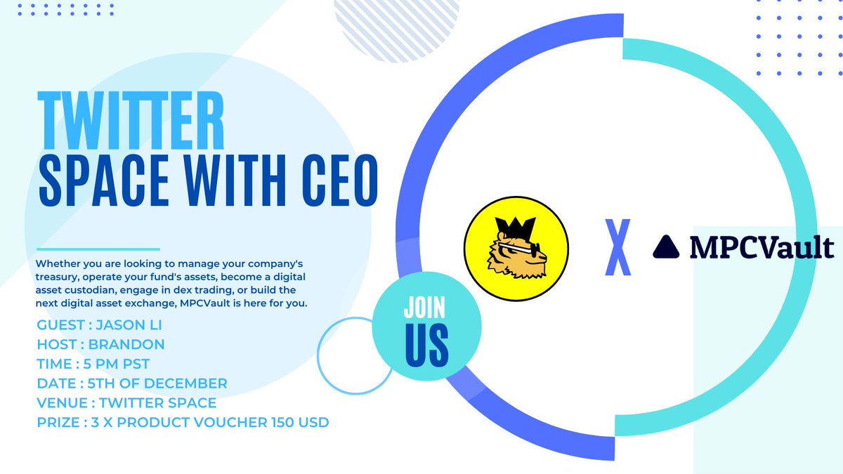 Join the #space with <a href="/WonderfulDay_io/">WonderfulDay</a> and <a href="/mpcvault/">MPCVault | team crypto wallet</a> ! Get to know more about secure multi-party computation

Date: 5/12/2022
Time: 5PM PST
Venue: x.com/i/spaces/1lDxL…