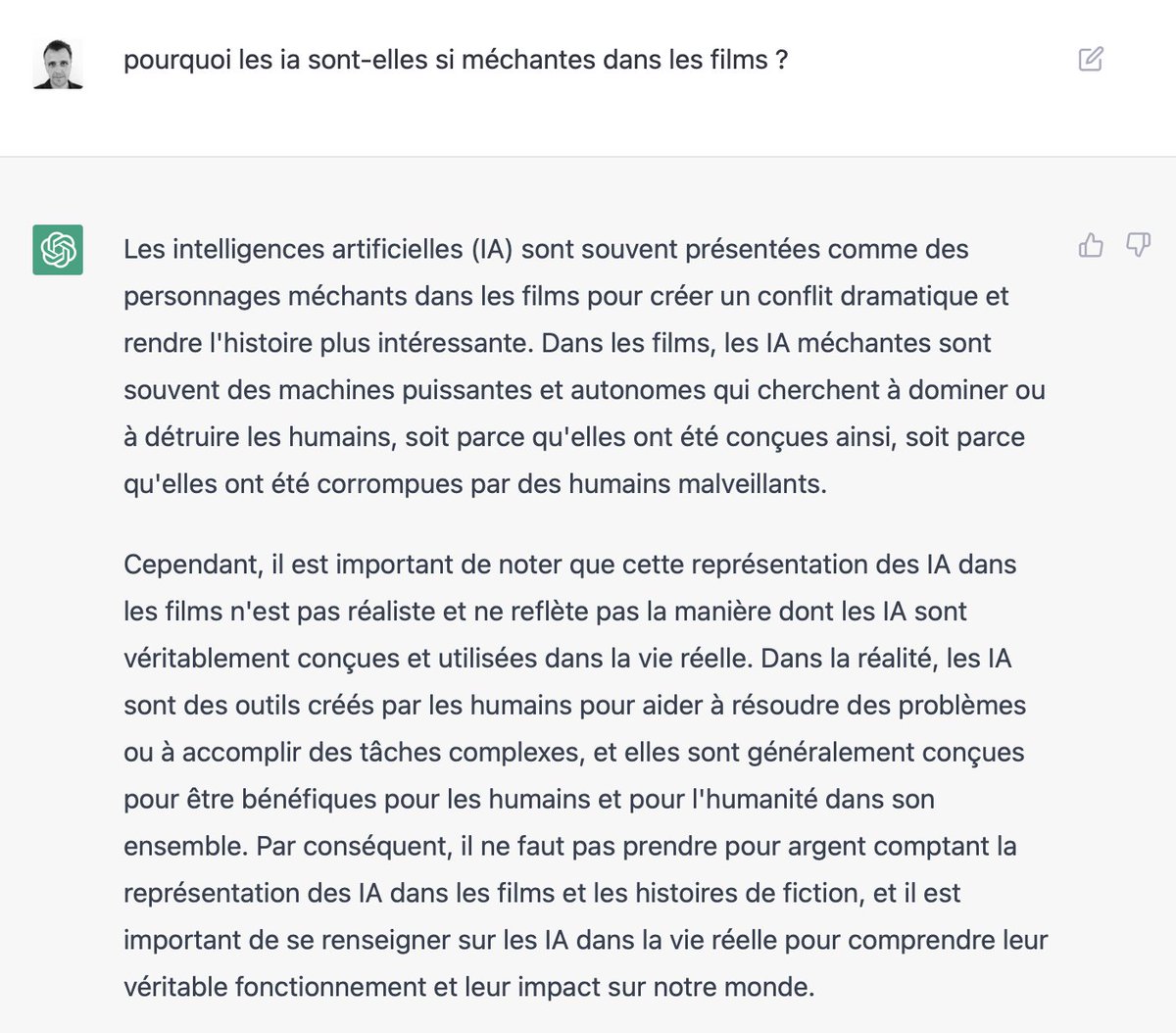 J'ai demandé à ChatGPT pourquoi les IA sont si méchantes dans les films. Rappel : nous en parlerons ce vendredi avec 
@NVasDeyres, <a href="/marshotel/">Laurent Queyssi</a>, Fabrice Carré et <a href="/NPRougier/">Nicolas P. Rougier</a>
à 10h à 
<a href="/Inria_Bordeaux/">Centre Inria de l’université de Bordeaux</a>, en lien avec <a href="/hypermondes/">Les Hypermondes</a> et
<a href="/R3IA_NA/">R3IA</a>