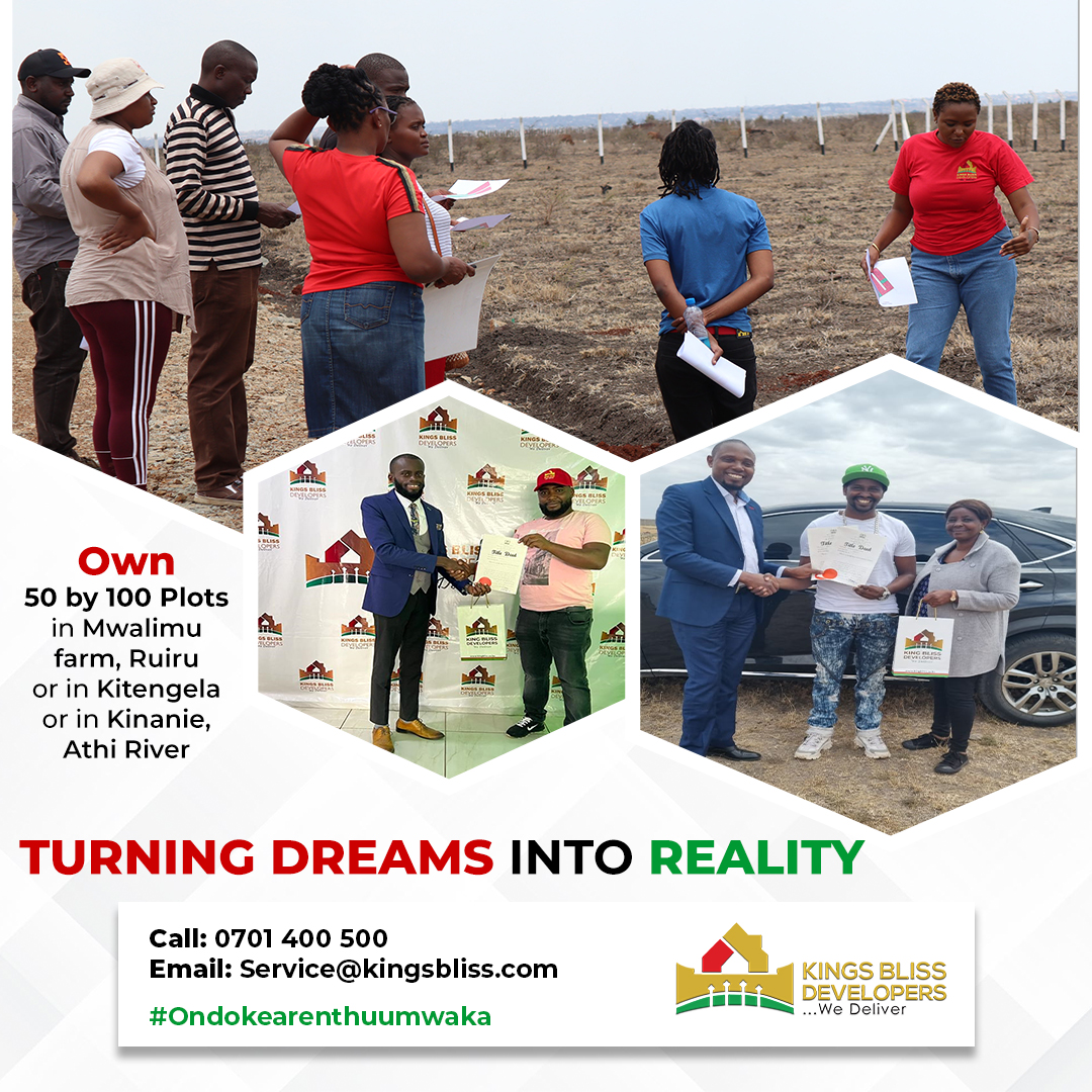 TURN YOUR LAND OWNERSHIP DREAM INTO REALITY🤝🏾 At Kings Bliss Developers we are committed to ensuring our customers own a piece of land through a transparent land-buying process. Visit kingsbliss.com to know about our properties #plotsforsaleinkenya #affordableplots