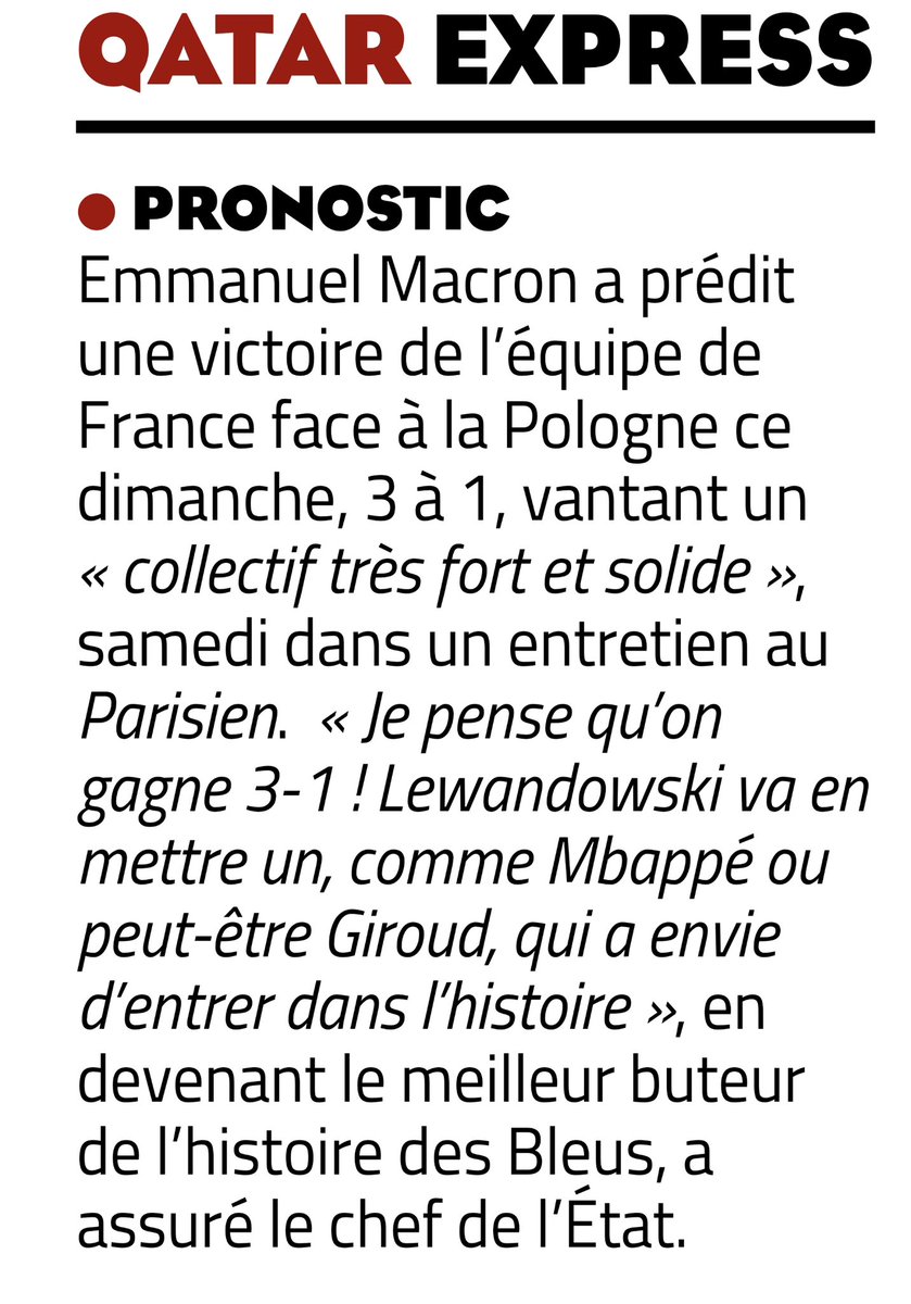 Dommage qu’il ne soit pas aussi visionnaire et clairvoyant pour gérer le pays.
#Qatar #QatarWorldCup2022 #Macron <a href="/Midilibre/">Midi Libre</a> #FFF
