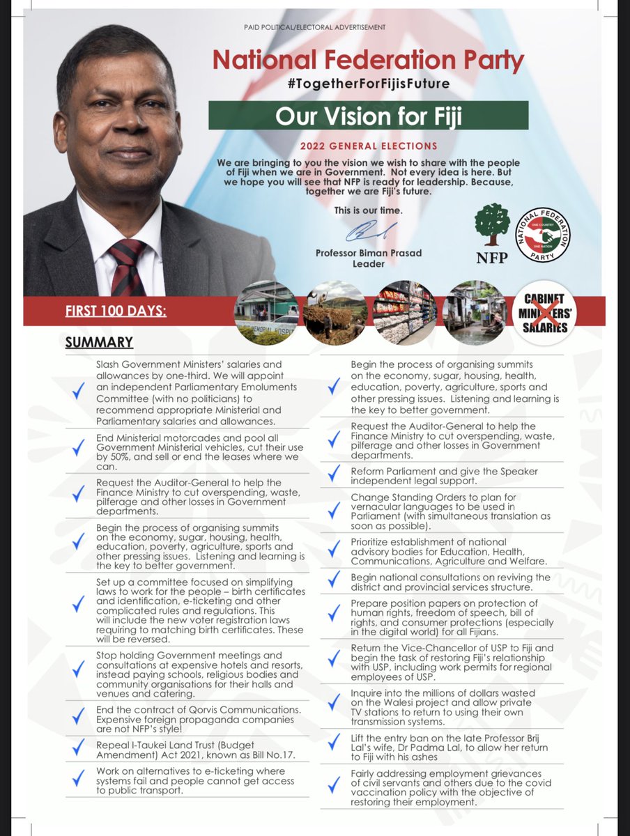 SashiKiranMP's tweet photo. #TeamFiji, here’s what we will do in the #First100Days🇫🇯 #Together4FijisFuture #VoteNFP #Vote207 https://t.co/foIfnhtBiz