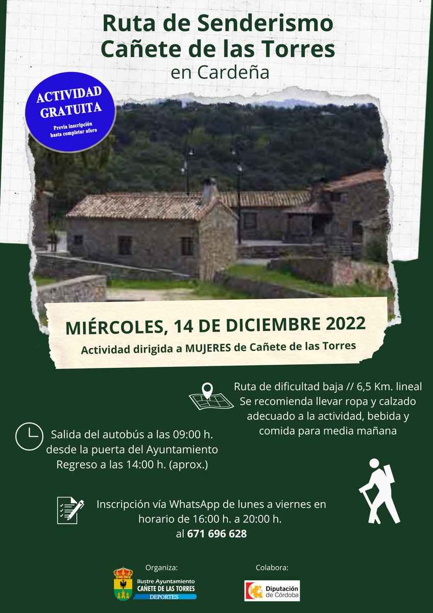 🌳Ruta de Senderismo para mujeres en Cardeña

La Delegación de Deportes del Ayuntamiento de Cañete de las Torres organiza una ruta gratuita de senderismo para mujeres de la localidad que tendrá lugar en Cardeña. 

✍️Inscripción vía WhatsApp al 671 696 628.