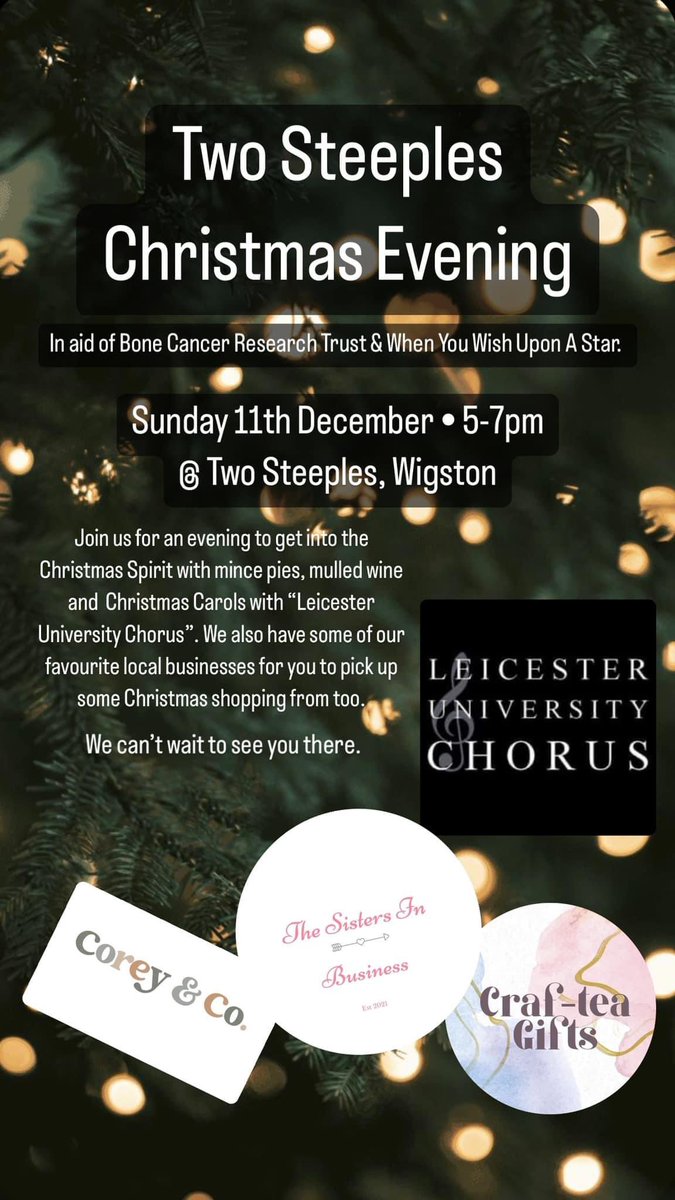 sarahssololife's tweet photo. This Sunday! 🎄 Xmas evening at Two Steeples, Wigston for @whenyouwishUK &amp; @BCRT 🥳 Carol singers, mini market, mulled wine and mince pies 🥧 Please join us and let your friends know 🙏🏼
@leicslive @Oadby_Wigston @LPOadbyWigston @DiscoverLeices @coolasleicester #wigston #leicester https://t.co/tcpSnvqvSw