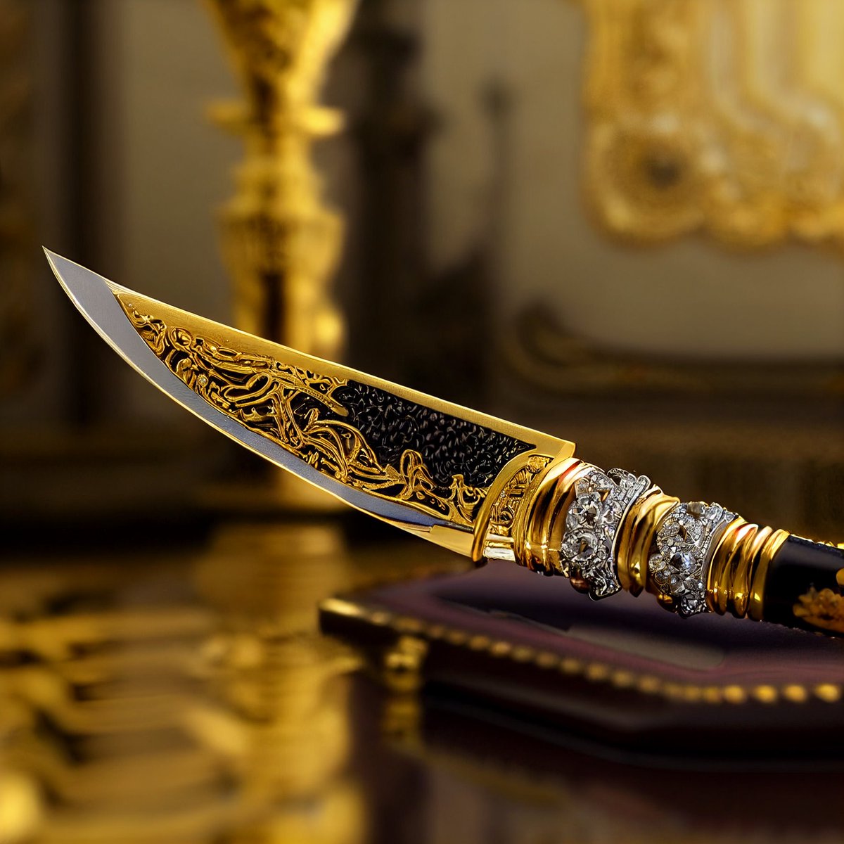 DmitriyNFTArt's tweet photo. Close up of a beautiful King's knife with jewels and golden handle and beautiful inscriptions and diamonds encrusted golden handle, Cinema 4D style, reflections, Ray tracing, Kings Palace background room, and don't lie, volumetric light, Gothic #ai #conceptart #nftcommunity https://t.co/IEV8SUb5Ti