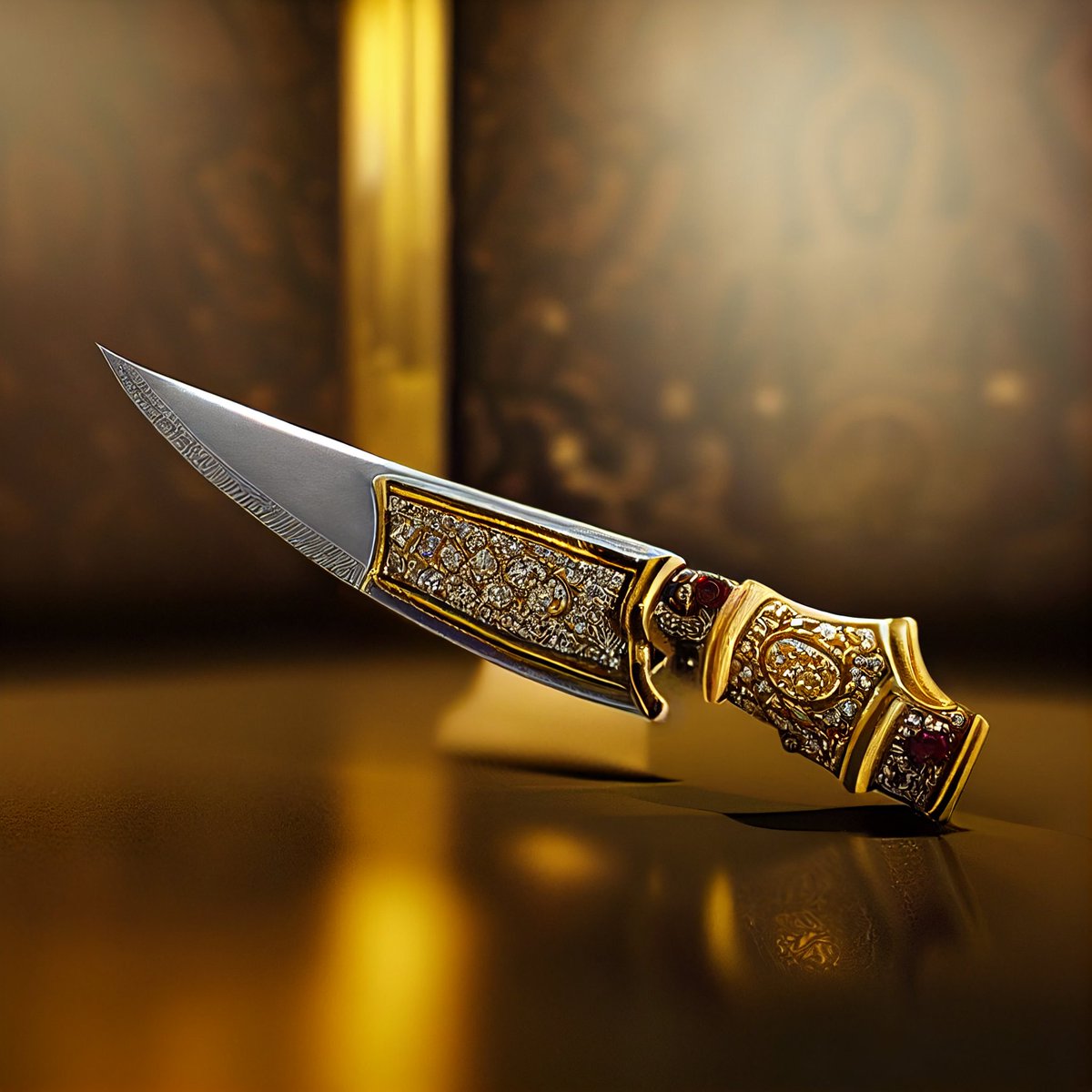 DmitriyNFTArt's tweet photo. Close up of a beautiful King's knife with jewels and golden handle and beautiful inscriptions and diamonds encrusted golden handle, Cinema 4D style, reflections, Ray tracing, Kings Palace background room, and don't lie, volumetric light, Gothic #ai #conceptart #nftcommunity https://t.co/IEV8SUb5Ti