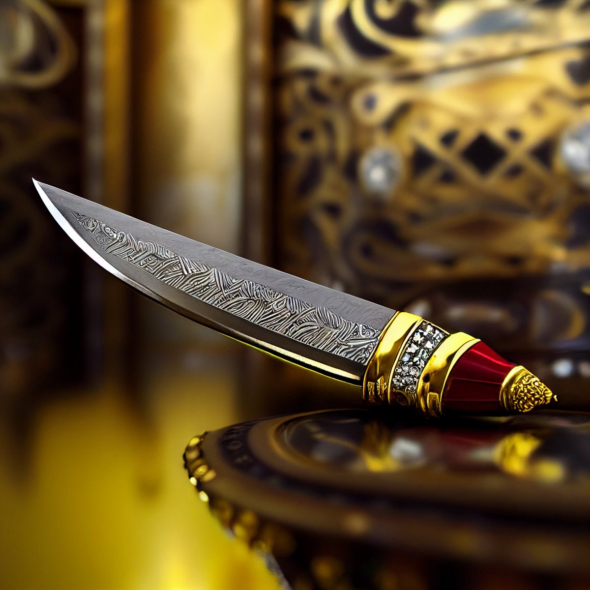 DmitriyNFTArt's tweet photo. Close up of a beautiful King's knife with jewels and golden handle and beautiful inscriptions and diamonds encrusted golden handle, Cinema 4D style, reflections, Ray tracing, Kings Palace background room, and don't lie, volumetric light, Gothic #ai #conceptart #nftcommunity https://t.co/IEV8SUb5Ti