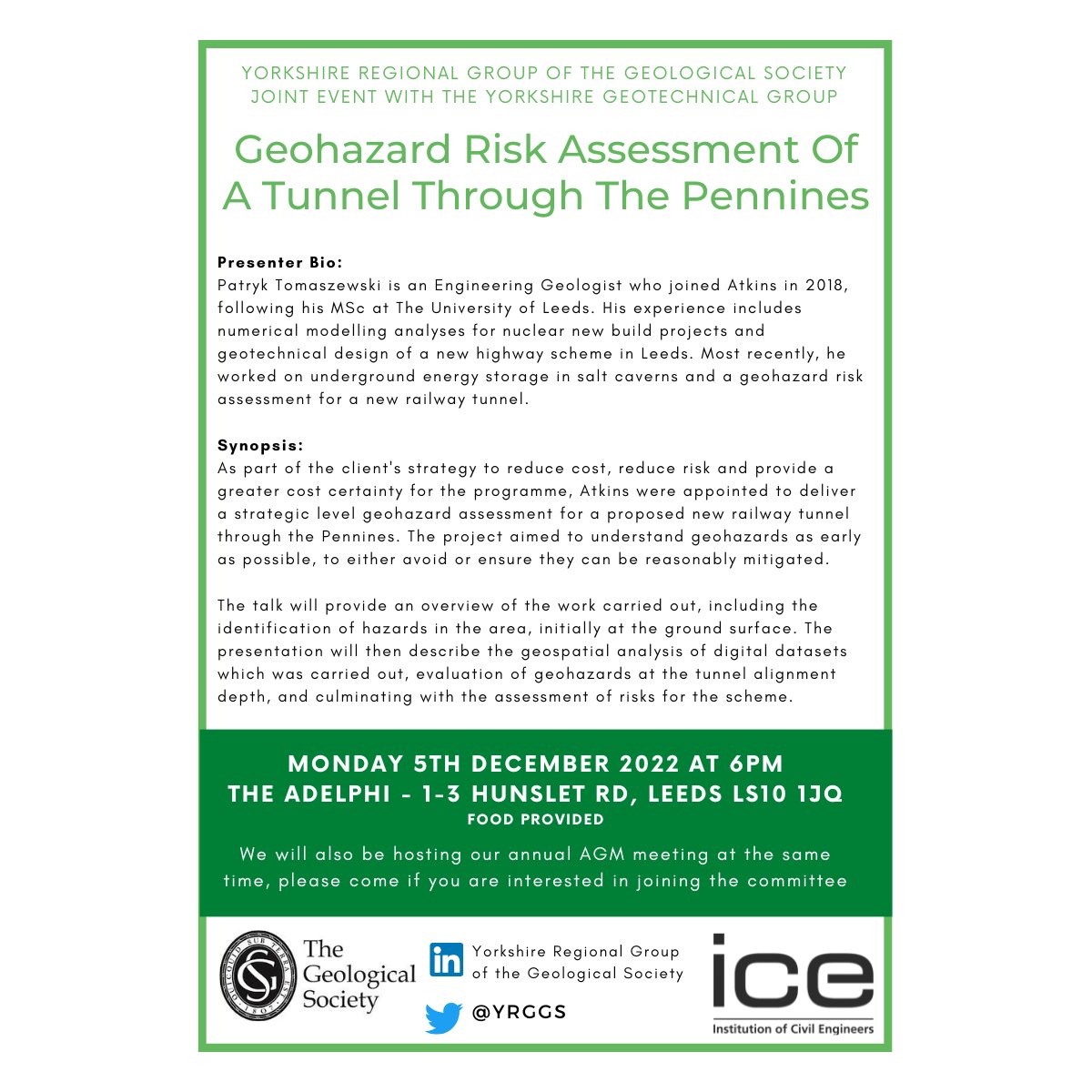 TONIGHT'S EVENT - 6pm @ Adelphi, Leeds

Patryk Tomaszewski from Atkins will be presenting on the topic of 'Geohazard Risk Assessment Of A Tunnel Through The Pennines'.

We hope to see you there!