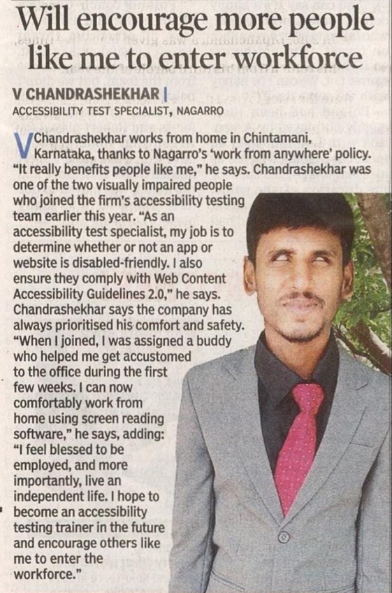 V Chandrashekhar, Accessibility Test Specialist at #Nagarro, was one of the two visually challenged people who joined us earlier this year. Here’s how our #WorkFromAnywhere policy benefits special Nagarrians like him. #CARING #IDPD22 #DisabilityConfidence #InclusionRevolution