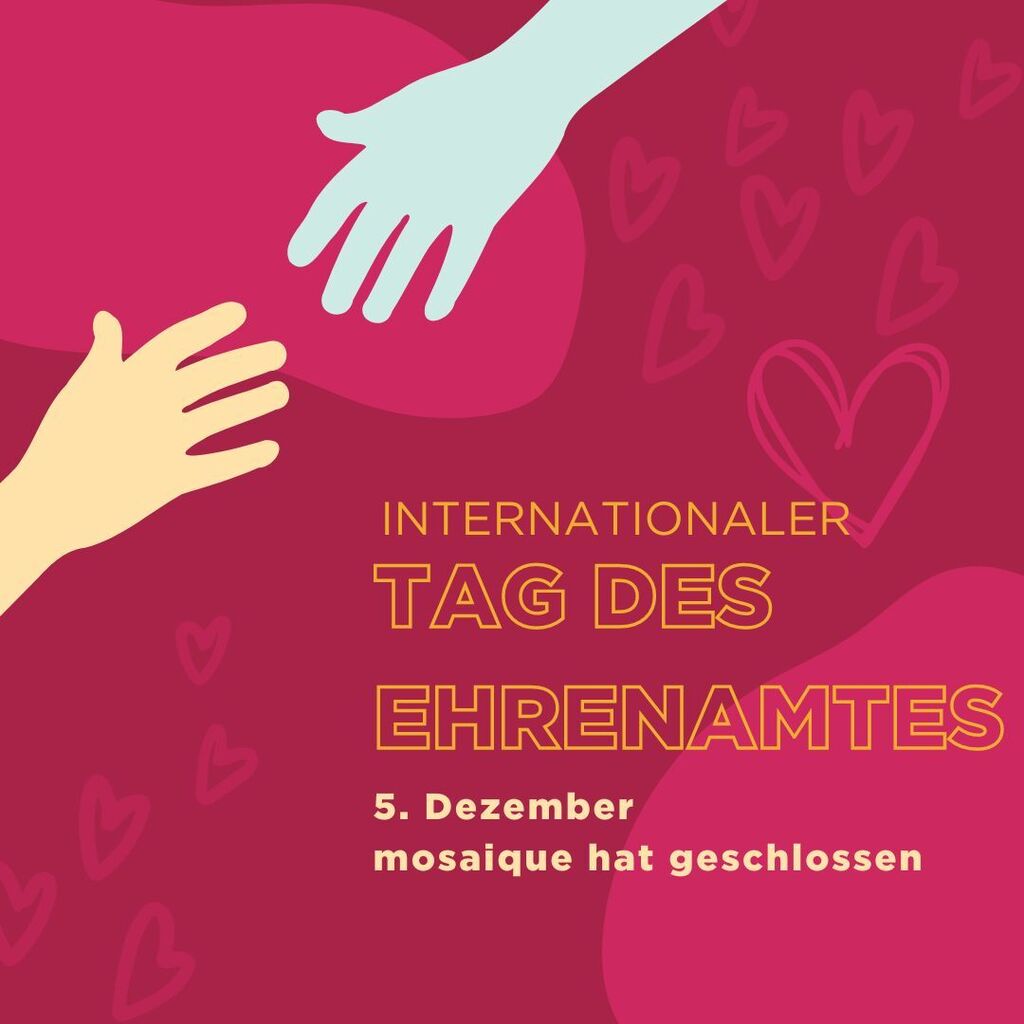Seit mehr als 30 Jahren findet am 5. Dezember der Internationale Tag des Ehrenamts statt. Er dient der Anerkennung und Förderung ehrenamtlichen Engagements. 

Wir sagen: DANKE an alle, die sich ehrenamtlich engagierten. 
mosaique lebt von Ehrenamt und Spenden. In Lüneburg en…