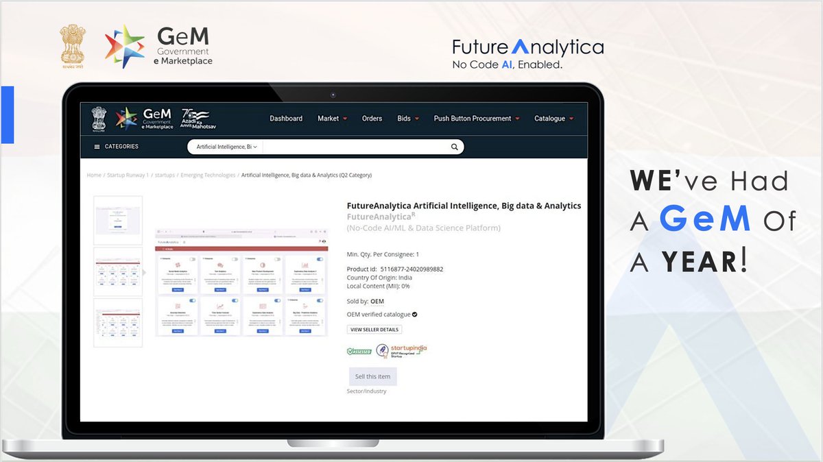 analyticafuture's tweet photo. In 2022, FutureAnalytica became the first &amp; only AI company to be verified &amp; listed under the AI/ML &amp; Data Science category at the Government e Marketplace, a national portal that enables open &amp; transparent procurements of all kinds for the Indian government, &amp; its entities. https://t.co/an6x8Ba8Gu